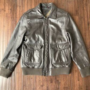 Men's Plaid Lined Brown Leather Aviator Bomber Jacket